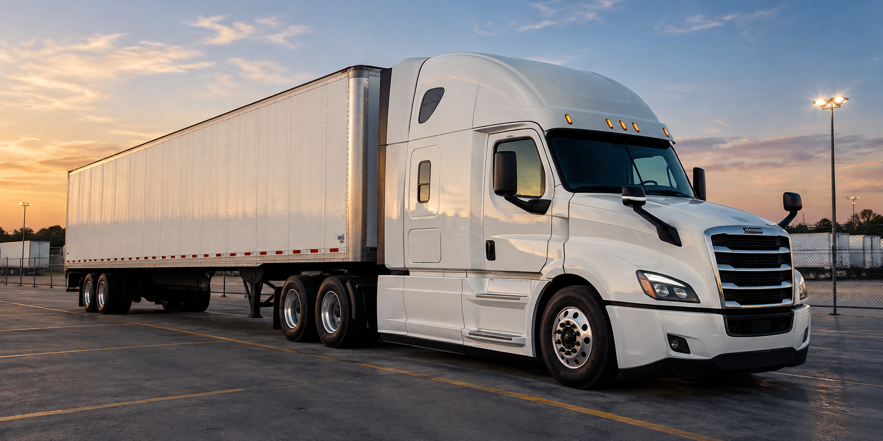 White tractor trailer parked in a fenced commercial parking yard at dusk